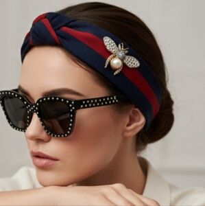 Navy and Red Headband with Pearl Bumblebee Embellishment